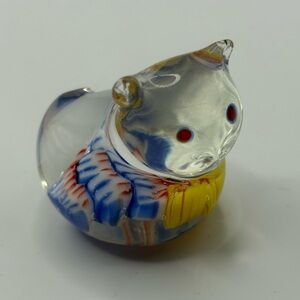 VTG Art Glass Millefiori Style Cat Blue White Yellow Red Paperweight figurine 2”
